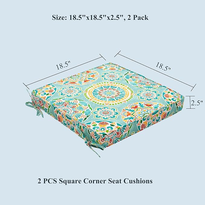 FUNHOME Patio Chair Cushions 18 x 18 x 2.5 Inch,Water-Resistant Outdoor Seat Cushions for Patio Furniture 2 Pack, Sqaure Chair Pads for Wicker Chair Seat, Cyan Circle