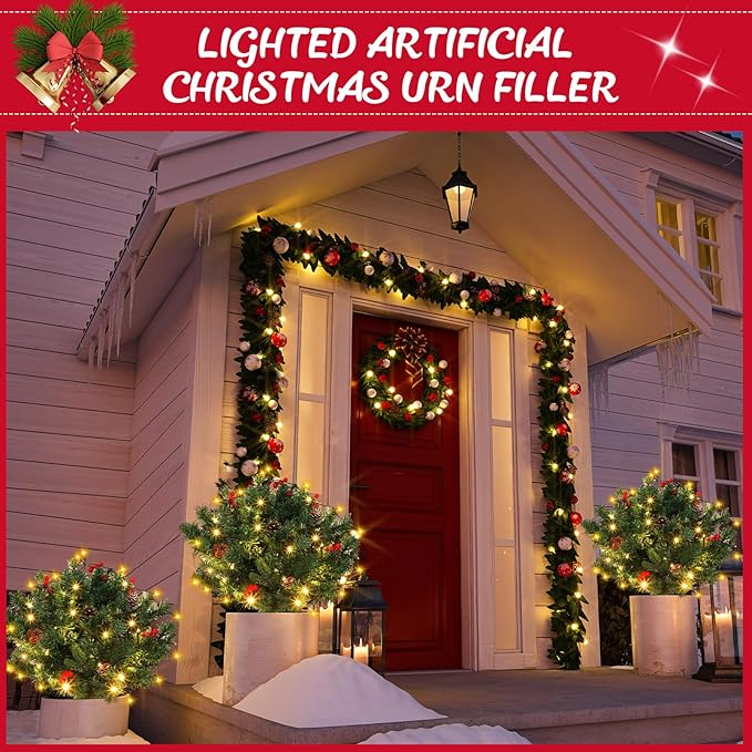 Hotop 3 Pack 18” Pre-lit Christmas Planter Filler Outdoor Christmas Tree Urn Fillers Decorations with Cones, Berries, Tripod Stake and LED Lights Realistic Artificial Planter for Holiday Decor