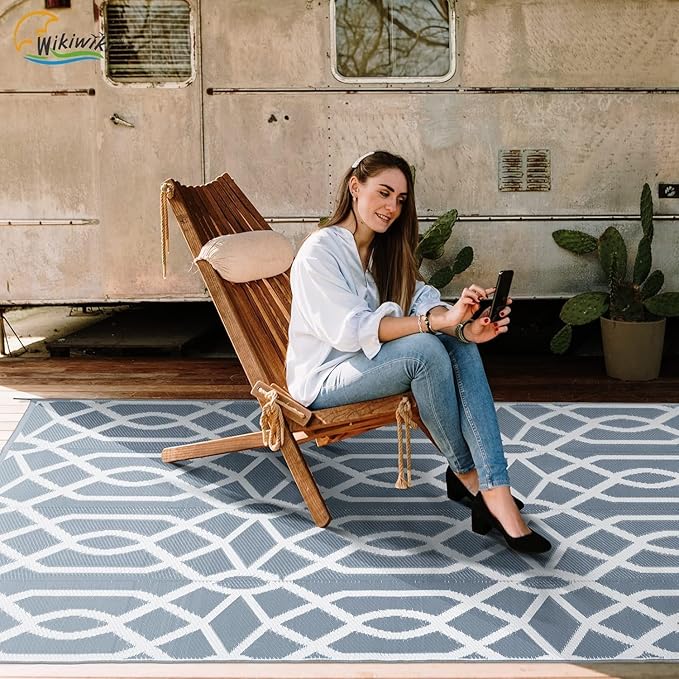 wikiwiki Outdoor Rug, 8x10ft Waterproof Reversible Mat Indoor Outdoor Rugs Carpet, Small Area Rug Plastic Straw Rug for Patio Deck Balcony Pool RV Camping Beach Picnic, Grey, Rugscape Series