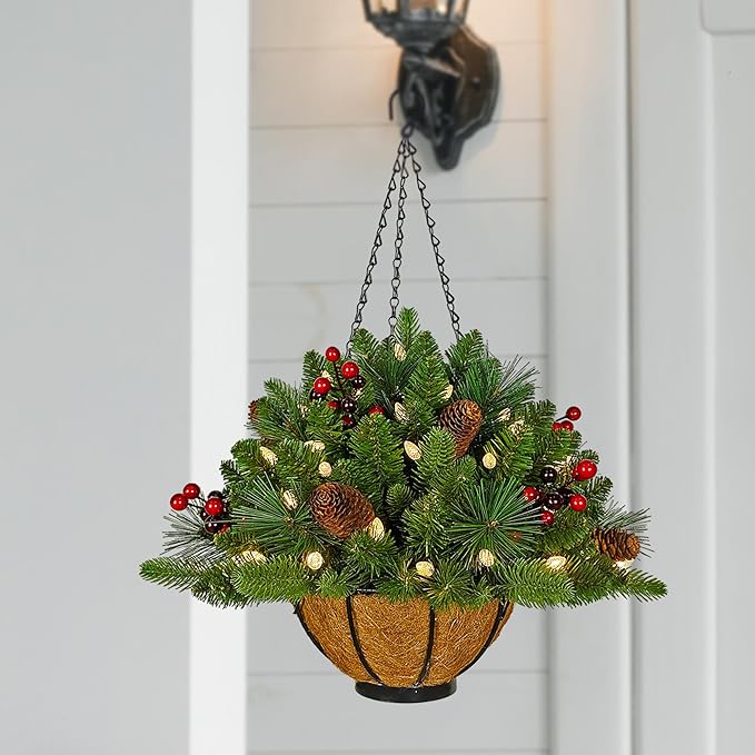 18 Inches Pre-lit Artificial Christmas Hanging Basket with Red Berries, Pine Cones,40 C3 Dual-Color Multi-Functional Battery Operated LED Lights with Timer