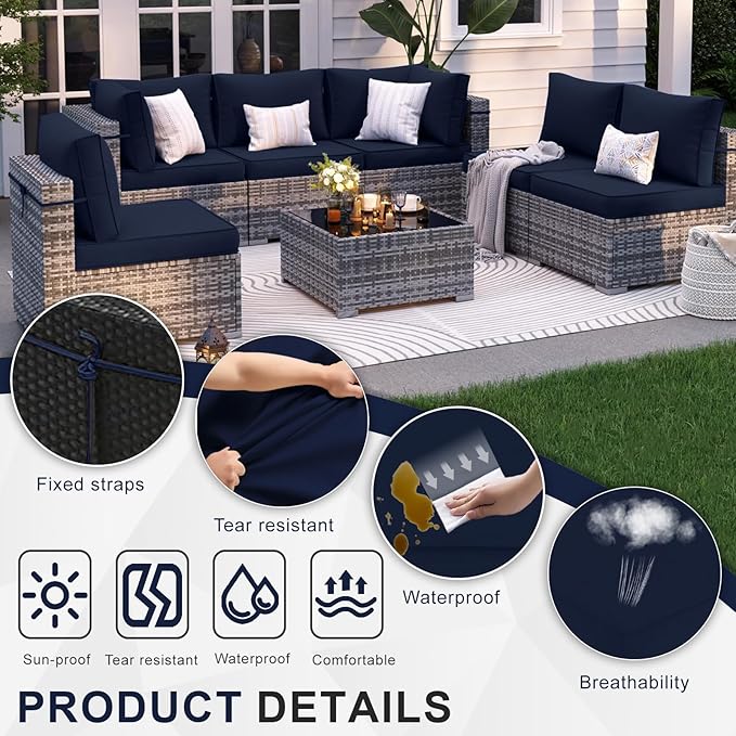 Patio Sectional Cushions, 14-Piece Replacement Cushions for Outdoor Furniture, Water-Resistant Outdoor Sofa Cushion for 6-Seat Rattan Wicker Sectional Conversation Sets (Navy Blue)