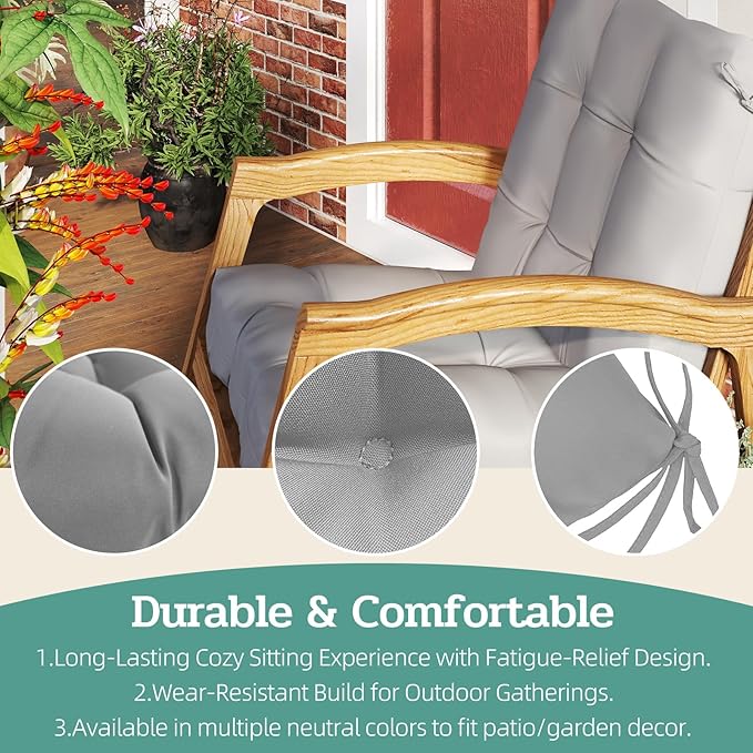 Outdoor Chair Cushions Set of 2, 42x21x4 Inch Patio Cushion for Dining/Rocking Chairs, High Back Soft Seat Pad with Ties, Indoor Outside Use, Fade-Resistant & Waterproof, Light Gray