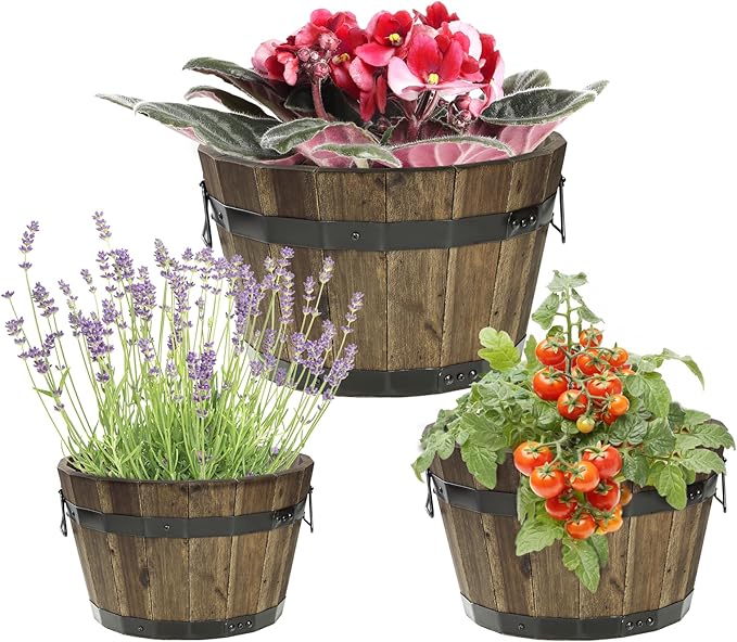 Idzo Set of 3 Wooden Flower Planters for Outdoor Plants, Acacia Wood Barrel Planters, Ergonomic Handles, Drainage Holes, Various Sizes, Walnut