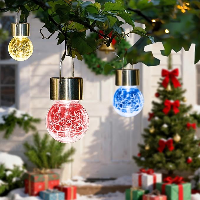 Solpex Hanging Solar Lights Outdoor, 8 Pack Decorative Cracked Glass Ball Light, Solar Powered Waterproof Globe Lighting, Hanging Globe Solar Lights for Garden, Yard, Patio, Lawn, Flower Bed