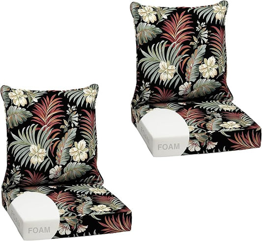 Arden Outdoor Foam Deep Seat Cushion Set (2-Pack), 24x24, Premium High-Density Foam, Never Flattens, Weather-Proof for Patio Chair Sofa Couch, Simone Black Tropical