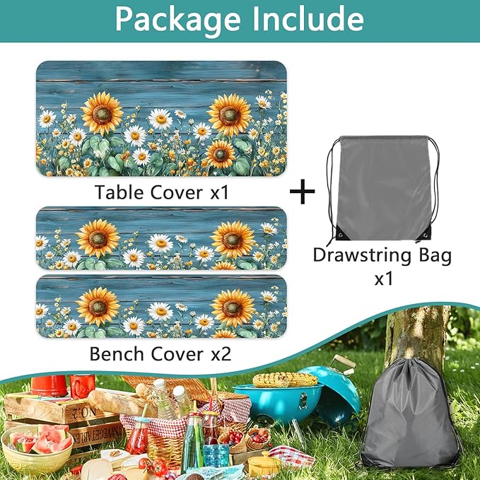 Picnic Table Cover with Bench Covers, Waterproof Elastic Fitted Tablecloths for 6 Foot Rectangle Tables, Outdoor Washable Sunflower Wooden Tablecloth for Camping 30X60in