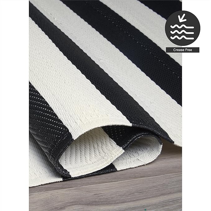 FH Home Outdoor Rug - Waterproof, Fade Resistant, Reversible - Premium Recycled Plastic - Striped - Large Patio, Deck, Sunroom, Camping, RV - Brittany Stripe - Black & White Crease Free - 5 x 8 ft