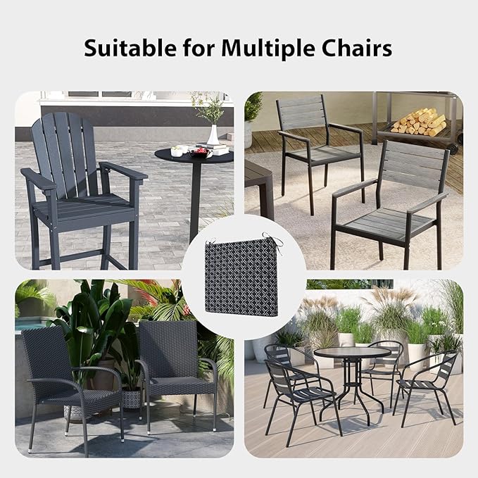 Outdoor Chair Cushions Set of 4, 18.5 x 16 Inch Patio Chair Cushions for Outdoor Furniture, Water Resistant, Non-Slip Ties (Black Geometry)