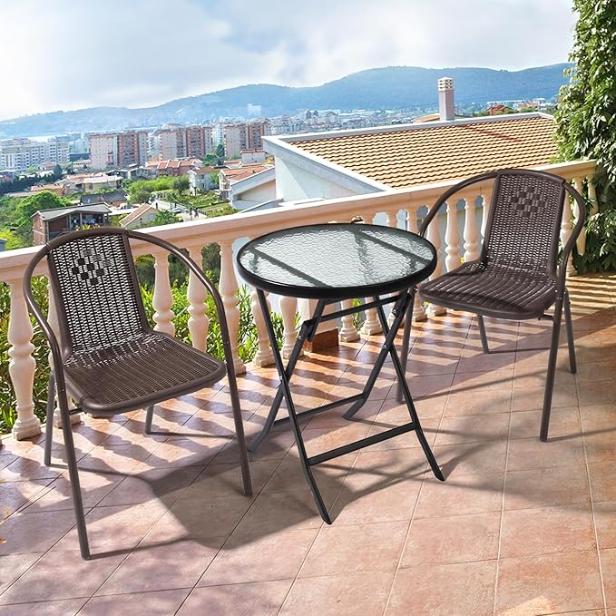 VINGLI Rattan Outdoor Dining Chairs Set of 4, Durable PE Plastic Stackable Patio Chairs with Comfortable Curved Back and Armrests for Indoor, Porch, Restaurant, Garden, Brown