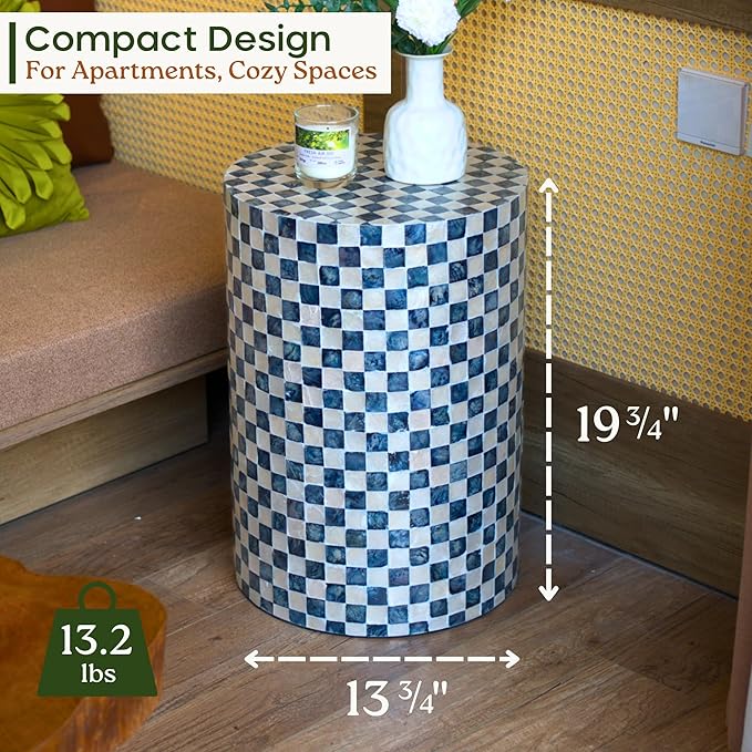 19.7” Checkered Capiz Shells Drum End Table, Decorative Cylinder Side Table & Garden Stool, Round Pedestal Accent Table for Living Room, Bedroom, Indoor & Outdoor (Navy Blue)
