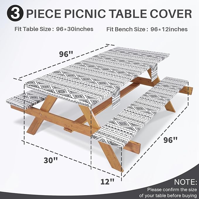 Picnic Table Cover with Bench Covers Fitted Waterproof Large Camping Tablecloth with Elastic for 8 Foot Tables Outdoor Travel RV Essentials Summer Vacation Accessories Fun Gifts for Couples