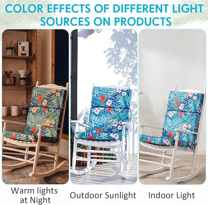 4 Pack Outdoor High Back Chair Cushion, 44 x 20 inches Patio Chair Cushions Waterproof Rocking Cushions Indoor Furniture Seat Pad, Weather Resistant (Plants,Blue)