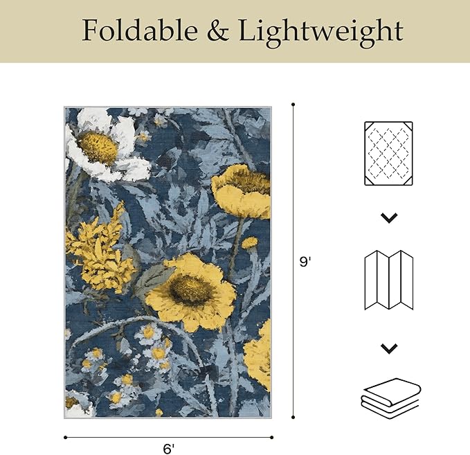 GENIMO Indoor Outdoor Area Rug 6'x9', Machine Washable Rugs for Patio, Waterproof, Non-Slip Easy Cleaning Floral Outdoor Mat Carpet for Living Room, Bedroom, RV, Balcony, Deck, Camping, Blue