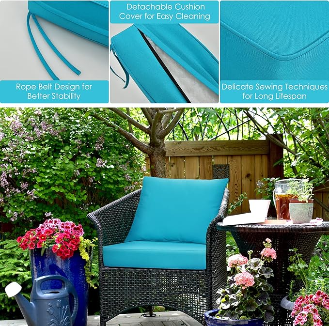 Giantex Patio Cushion Set with Pillow, Deep Seat and Back Cushion, Outdoor Chair Pads with Ties, Cushion Replacement for Patio Furniture, Waterproof 6 Inch Thick Indoor Floor Cushion