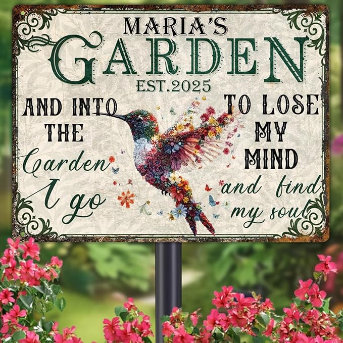 Custom Garden Signs Personalized Metal Tin Sign for Women, Retro Funny Hummingbird Metal Sign for Outdoor, Patio, Yard Rustic Home Decor Gift for Mothers Day, Grandmas, and Gardening Lovers