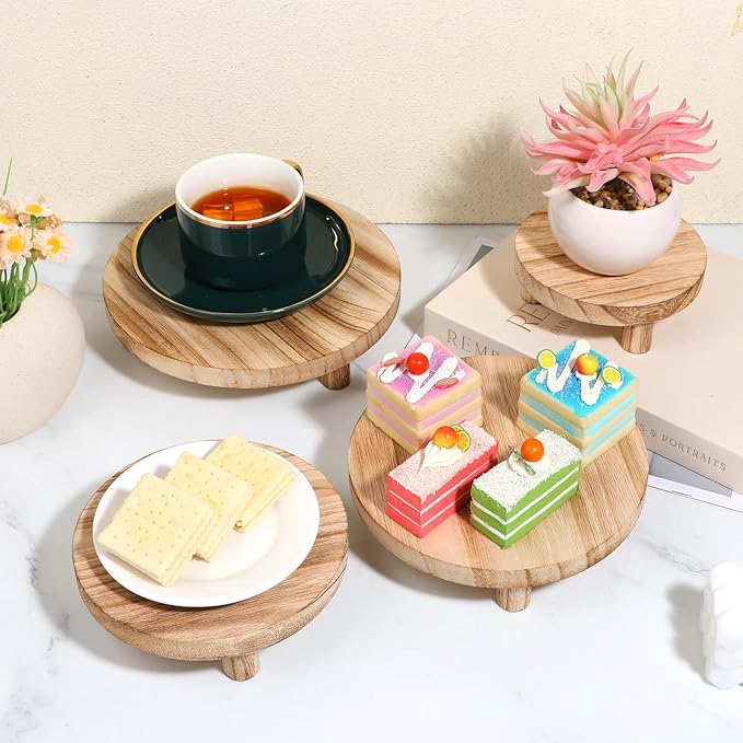 4 Pcs Wooden Risers Display Stands, Round Wood Risers Display Pedestal Stands Mini Tiered Tray Stand Rustic Wood Riser for Home Decor Kitchen Counter (5", 6", 7", 8",Brown)