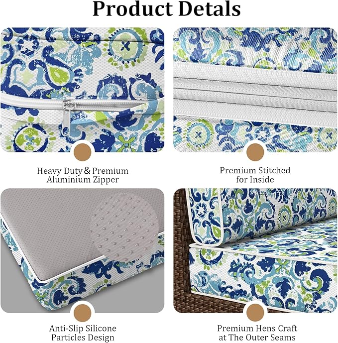 14 Pcs Outdoor Replacement Cushions for Patio Furniture, All Weather Water Resistant Cushion for 6 Seat Rattan Wicker Sectional Patio Conversation Sets and Couch (Summer Ocean)