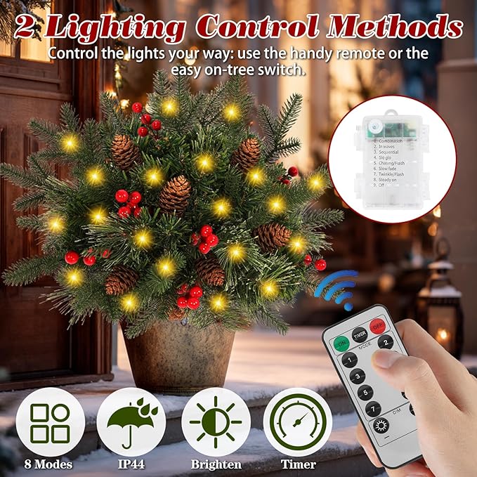 Lighted Artificial Christmas Urn Filler, 2 Pack Small Xmas Pine Tree Outdoor Decorations with Cones, Red Berries & 50 LED Lights, Light Up Planter Filler Decor for Porch Yard, Garden, Cemetery