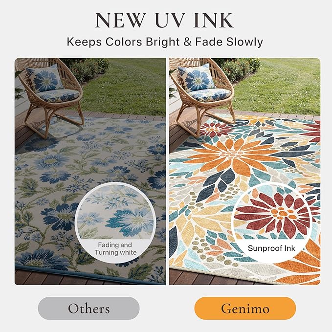 GENIMO Indoor Outdoor Area Rug 8'x10', Machine Washable Rugs for Patio, Waterproof, Non-Slip Easy Cleaning Floral Outdoor Mat Carpet for Living Room, Bedroom, RV, Balcony, Deck, Camping, Orange