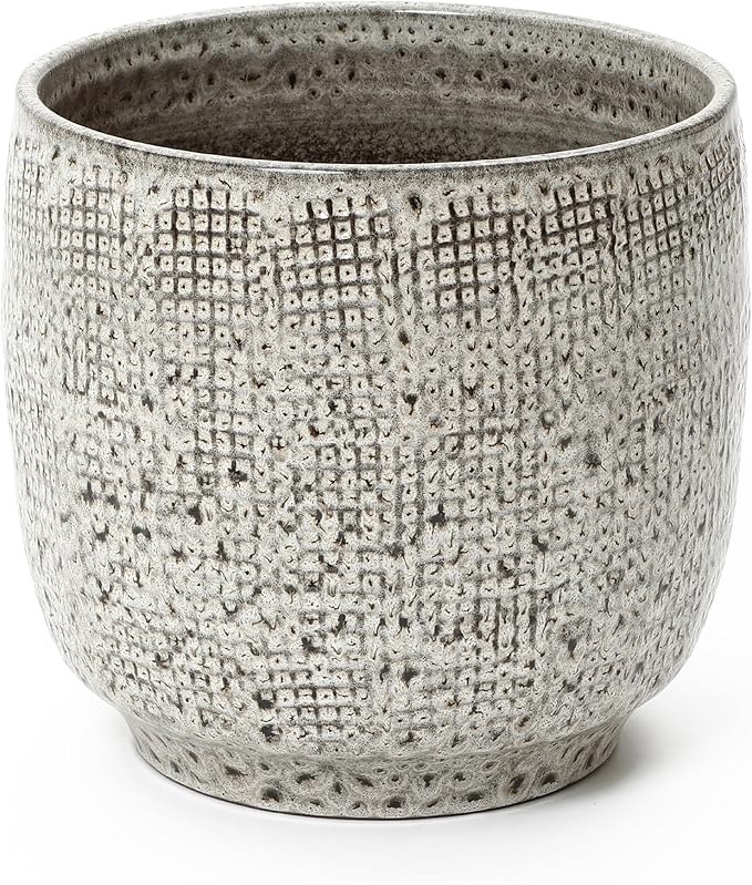 LuxenHome 12" Dia Large Ceramic Pots for Plants, Modern Gray Grid-Pattern Glazed Ceramic Planters Pots for Outdoor Plants with Drainage Hole and Plug, Round Indoor Flower Pot for Home Garden Patio