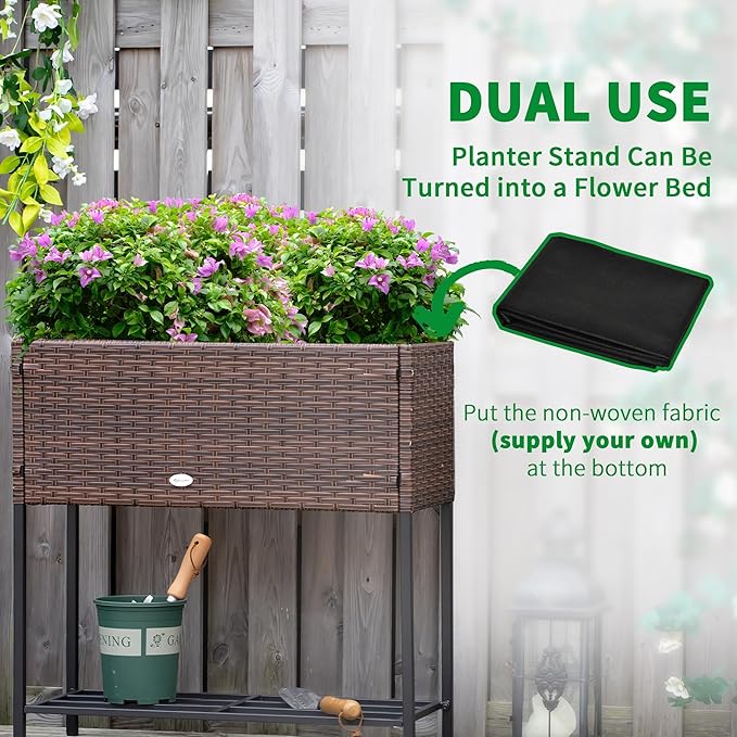 Outsunny Raised Garden Bed, Elevated Planter Box with Rattan Wicker Look, Tool Storage Shelf, Portable Design for Herbs, Vegetables, Flowers, Brown