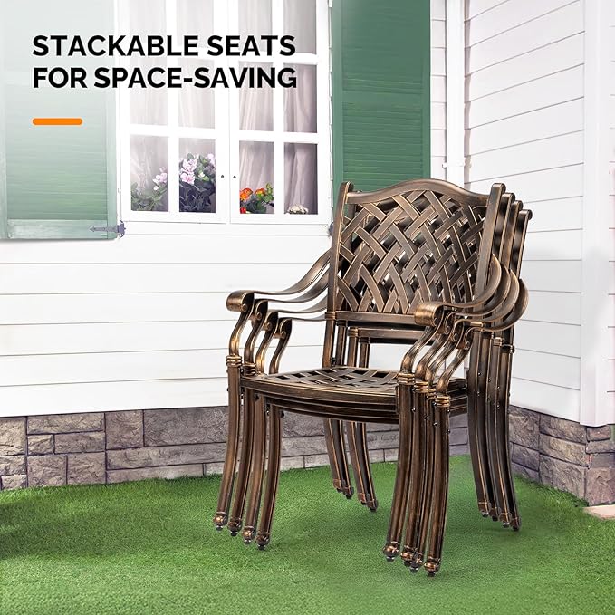 VINGLI Patio Chairs Set of 4 - Stackable Outdoor Cast Aluminum Dining Chairs with Vintage Bronze Finish and Diamond Pattern, Metal Armchairs for Poolside, Backyard, Balcony (No Cushion)