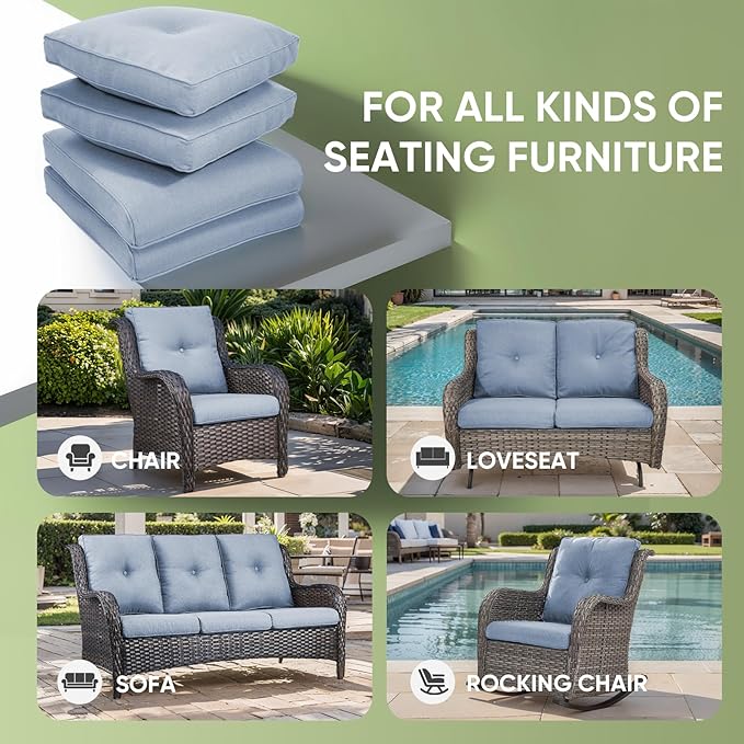 Outdoor Cushion Set of 4, Waterproof Outdoor Seat Cushions 25x22, Patio Chair Cushions for Outdoor Furniture, Couch Cushion Replacement, Include 4 Back & 4 Seat Cushions, Light Blue