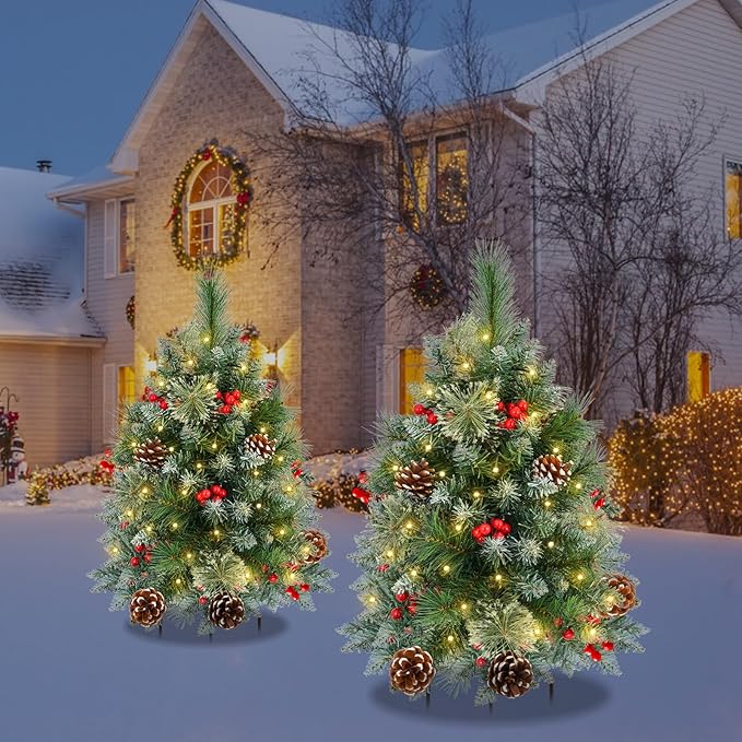 2 Pack Pre-lit Christmas Tree, Battery Operated with Timer, Multi-Color & Warm White Changing LED Lights, 27 inch Artificial Christmas Tree for Outdoor Porch, Urn Filler, Home Xmas Decorations