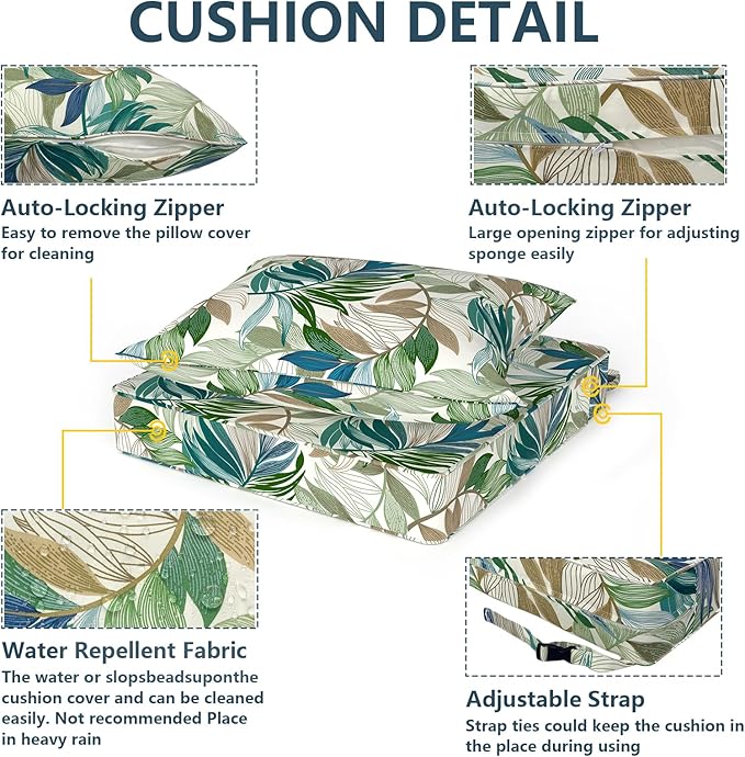 Outdoor Deep Seat Cushion Set, Water Repellent 22"x22" Patio Thick Cushions Replacement with Seat & Back Pillow for Patio Sofa, Wicker Chair, Couch - Lush Leaf Green