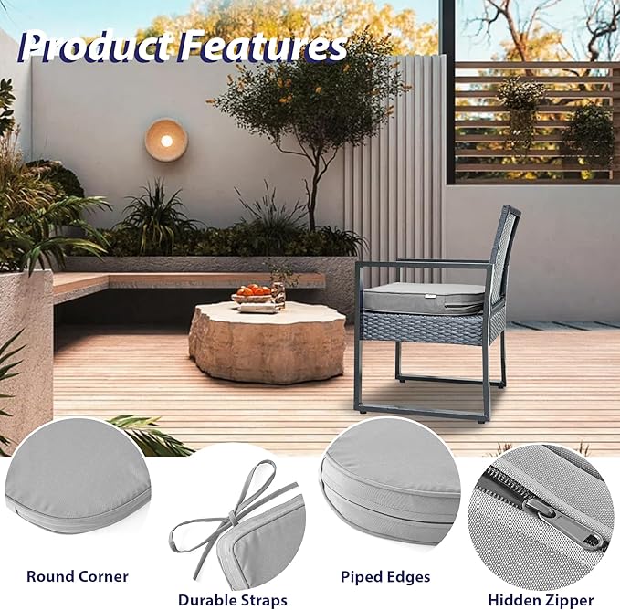 Outdoor Chair Cushions Set of 4 -Waterproof Outdoor Seat Cushions for Patio Furniture, Patio Chair Cushion with Handle and Ties, Round Out Door Chair Pads,18.5" x 16" x 3", Grey
