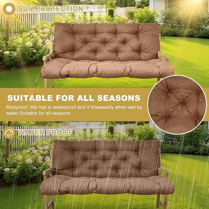 60" Porch Swing Cushion with Backrest, Waterproof Outdoor Bench Swing Cushions 3 Seater Replacement Thickened Swing Cushions with Ties for Patio Garden Backyard,Light Coffee,60x40in