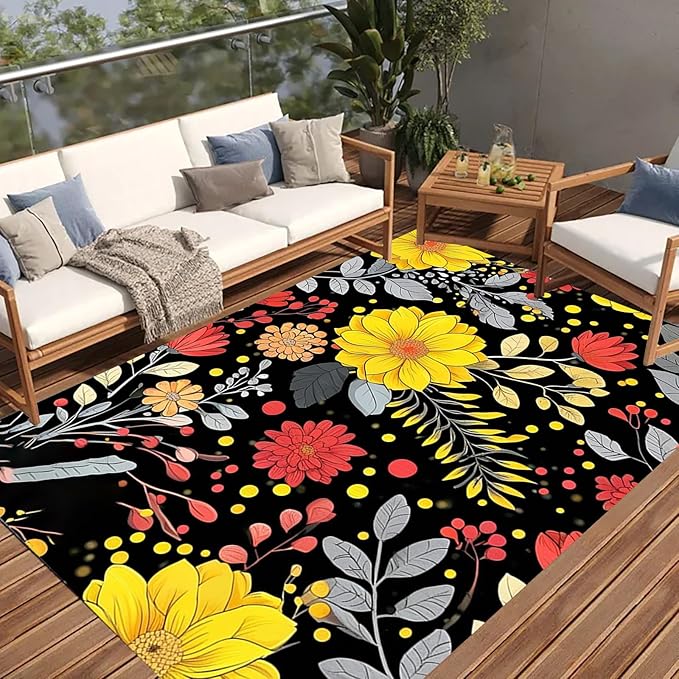 3D Visual Blooming Flowers Pattern Outdoor Area Rug 2x6 Modern Art Deco Yellow Pink Floral Outdoor Rug for Patio Balcony Garden Pool Non Slip Waterproof Outside Carpet Black Low Pile Yard Large Rugs