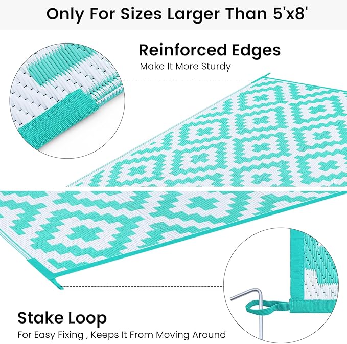 Smiry Waterproof Outdoor Rug 6x9 ft, Reversible Plastic Straw Patio Camping Rugs, Outdoor Indoor RV Mat Carpet for Patio, Outside Entry, Backyard, Deck, Bench, Picnic, Camper, White & Teal