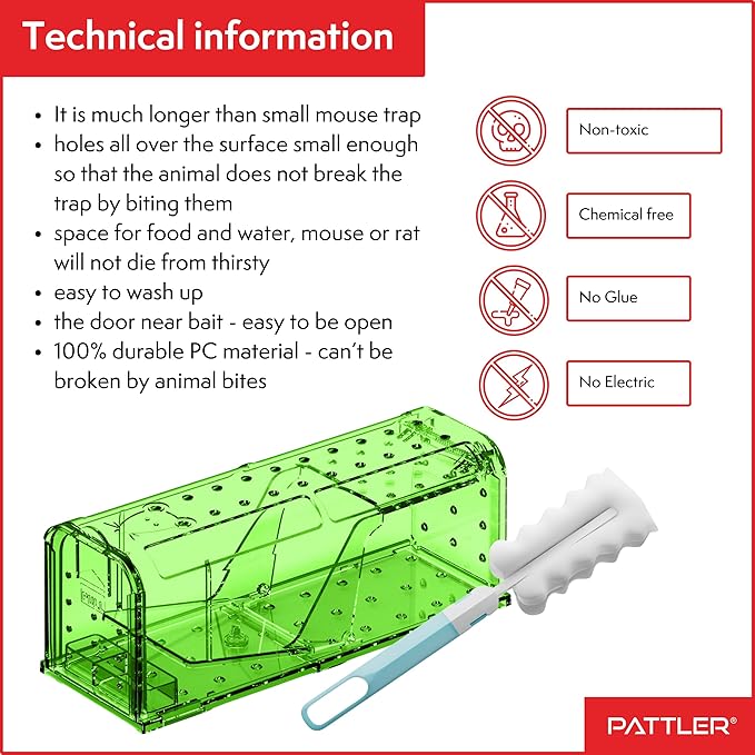 PATTLER® | Large Humane Mouse Trap for Indoor and Outdoor Home | Mechanical Reusable Live Mouse Traps Catch and Release Mice from Garden, Garage, Attic, Inn, Hotel | Green | Pack of 2