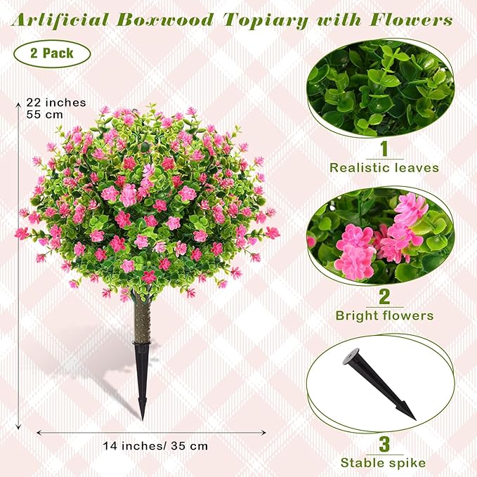 Yunlly 2 Pcs Outdoor Artificial Topiary Ball Trees 22" with Colorful Flowers, Boxwood Fake Bushes Shrubs with Spike, UV Resistant Evergreen Plants for Front Porch Garden Decor (Light Pink)