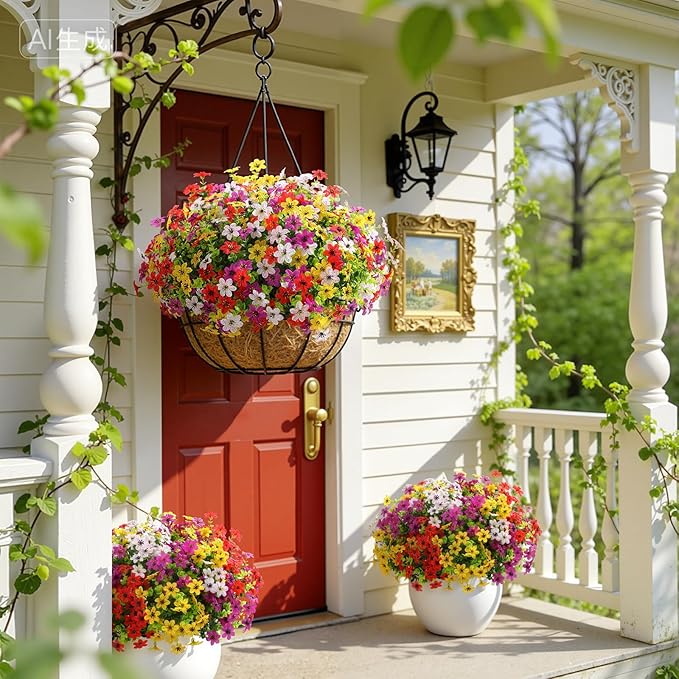 SHareconn 24 Bundles Artificial Flowers for Outdoors Spring Decoration, Fake Silk Realistic Faux Plants UV Resistant for Outside Planter Porch Patio Indoor Decor, RedPurpleYellowWhite