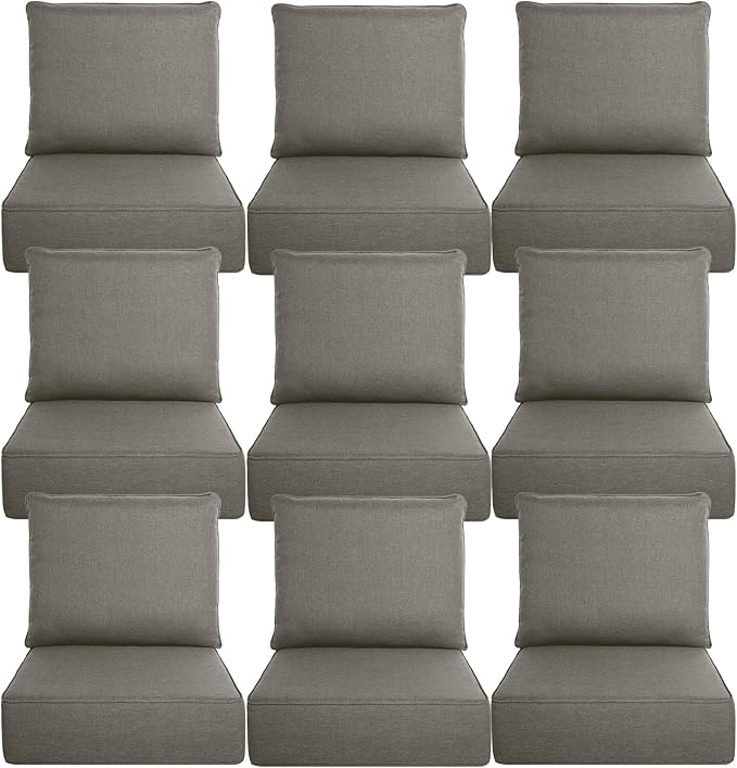 Belord Luxury 6" Thick Outdoor Cushion 9 Set - 24 x24 Inch 28D Sponge Filling Fade-Resistant Chair Cushion, Spill Proof Removable Patio Furniture Replacement Cushion for Sofa Bench Swing - Grey