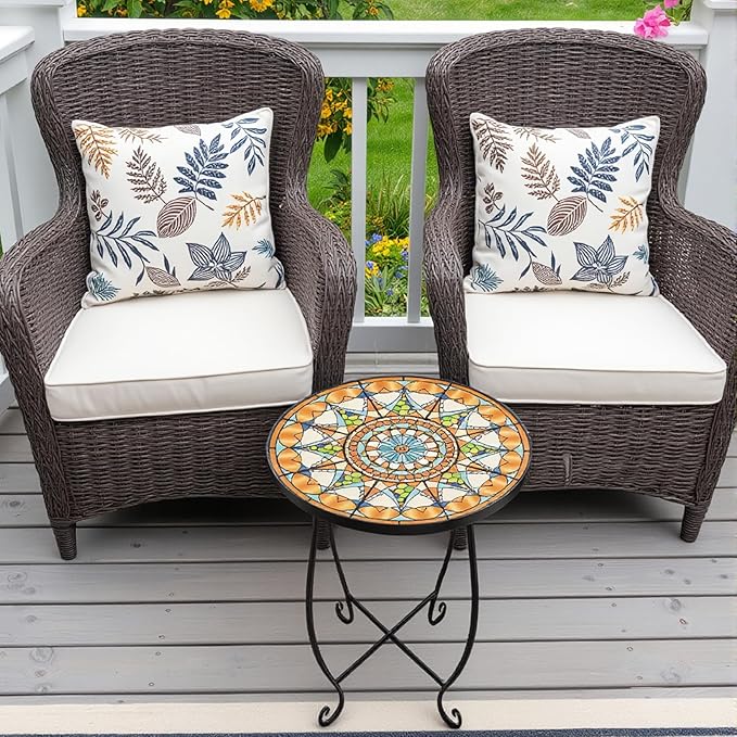Set of 2 Mosaic Outdoor Side Tables Round, 15 Inch Height - Small Patio Table Set, Foldable Sun Pattern Metal Plant Stands for Garden, Balcony & Yard (Mosaic Sun, 2 Pack)