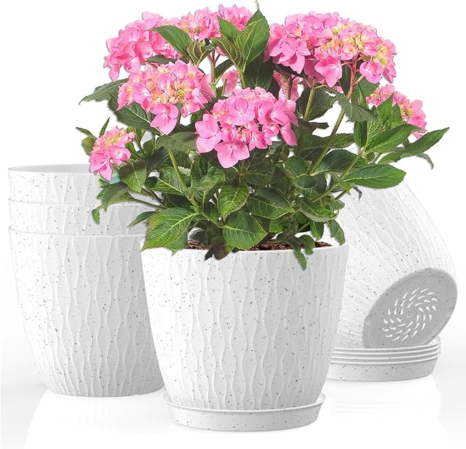 5 Pack 6 inch Flower Pots for Indoor Plants Planters for Outdoor Plants Decorative Home Garden Holiday Nursery Pot, Cute Plant Pots with Drainage Holes and Saucers White with Black Speckled