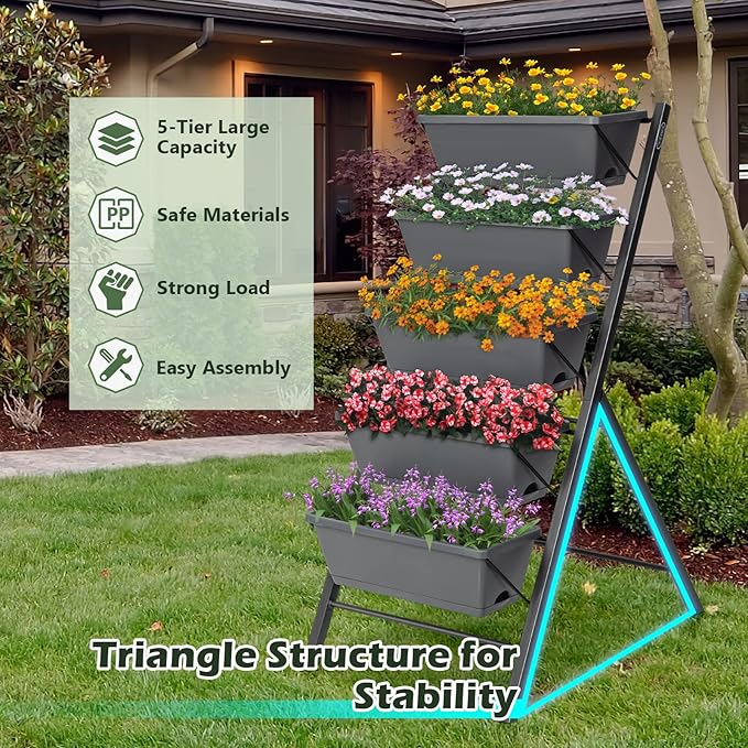 S AFSTAR 5-Tier Vertical Garden Planter, 5-Layer Raised Garden Bed with 5 Detachable Planter Boxes & Metal Frame, Indoor Outdoor Elevated Planting Containers for Flower Vegetables Fruit Herbs