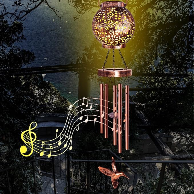 Wind Chimes for Outside, Windchimes Outdoors Hummingbird Gifts for Mom Women Grandma, Hanging Solar Lantern Solar Wind Chimes for Outside Patio Yard Garden Decor