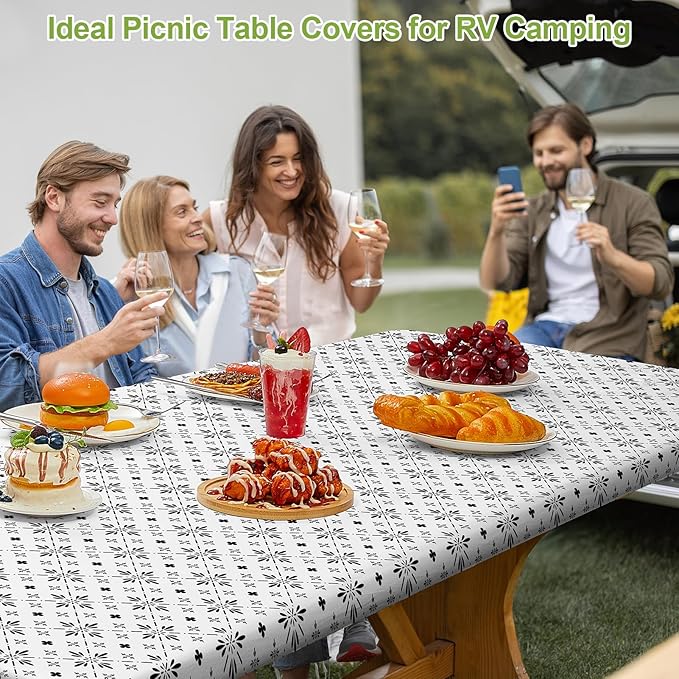 pickyNproud Picnic Table Cover with Bench Covers Portable Table Cloth Built-in Storage Pocket Picnic Table Covers with Elastic Waterproof Camping Essentials for RV Camping