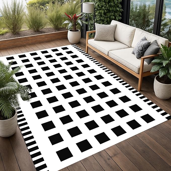 WILDROOTS 4x6 Feet Horizontal Edge Check Plastic Outdoor Rug, Stain Resistant Waterproof Reversible Outdoor Patio Rug, Fade Resistant Camping Rug