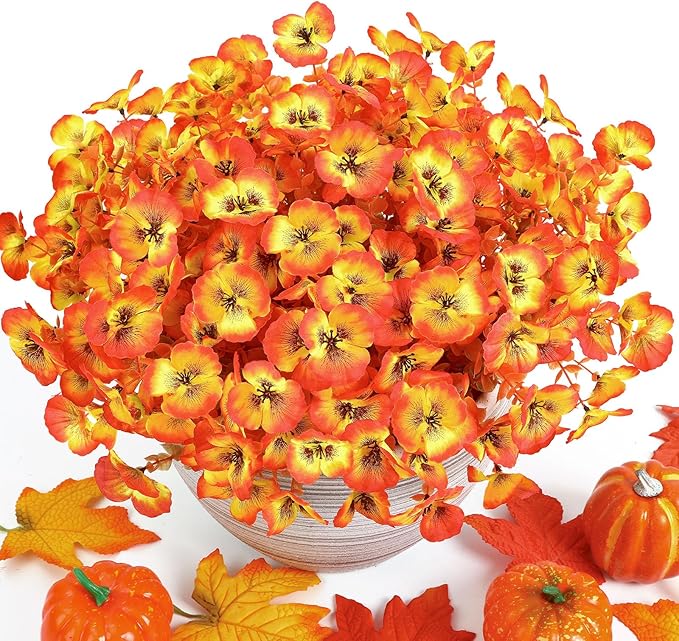 Alupssuc 40 Bundles Artificial Fall Flowers for Outdoors Autumn Decorations, Fake Big Pansies Silk Plants UV Resistant Realistic Faux Flowers Plants for Planter Porch Patio Window Decor, Autumn Orange