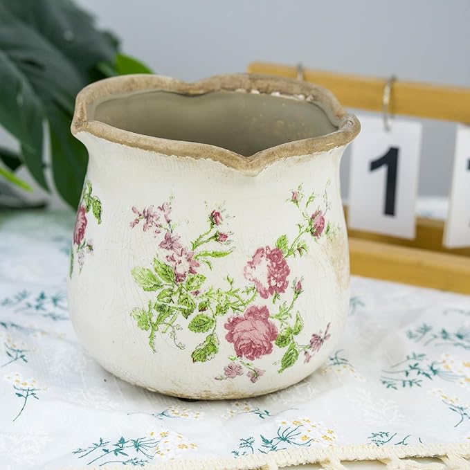 Rustic Ceramic Planter, 6 Inch Tuscan Vintage Flower Pot with Drainage, Farmhouse Garden Pot for Indoor Plants, Kitchen & Garden Tuscan Decor, Plant Lover Gift (Pink)