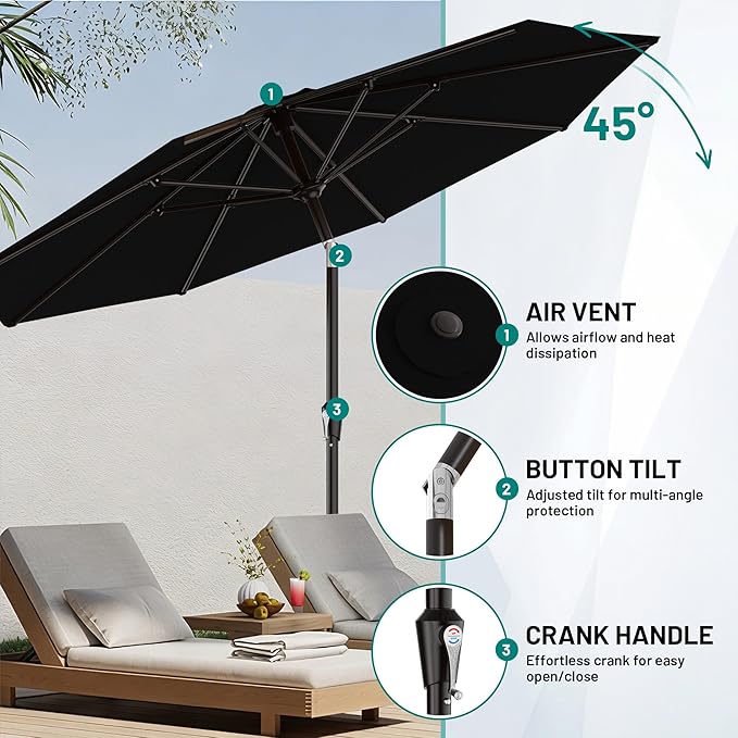 AreShark 9 FT Patio Umbrella for Outdoor, Outdoor Table Umbrella with Push Button Tilt and Crank, Outdoor Patio Umbrellas with 8 Sturdy Ribs for Market, Garden, Pool (Black)