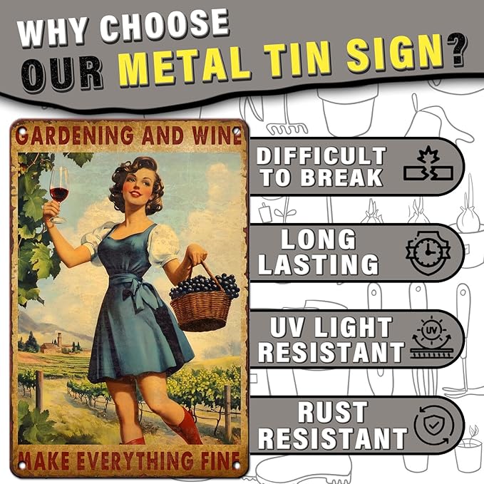 PEACHGARDEN Garden Vintage Tin Sign Gardening and Wine Make Everything Fine Metal Tin Sign for Bar Pub Cafe Wall Kitchen Bathroom Outdoor Indoor Wall Decor 8x12inch