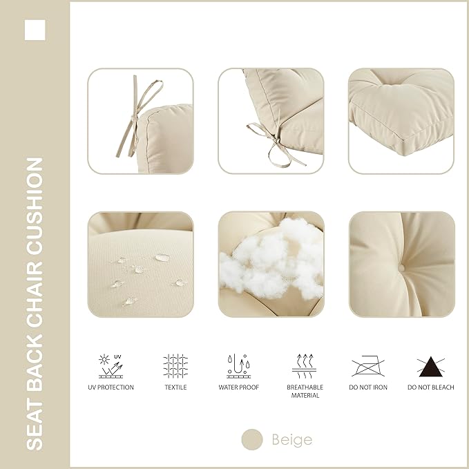 Outdoor Indoor Seat/Back Chair Tufted Cushion,All-Weather Patio Chair Cushion with Ties,for Patio Furniture,Beige