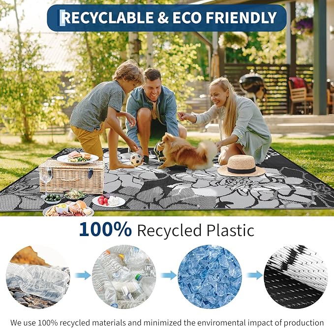 COZYLOOM Outdoor Rugs 9x12 UV Resistant Waterproof Patio Rug, Outdoor Plastic Straw Rug Reversible RV Camping Mat with Portable Bag & 4 Stakes, Modern Floral Carpet for Balcony Deck Yard, Black&White