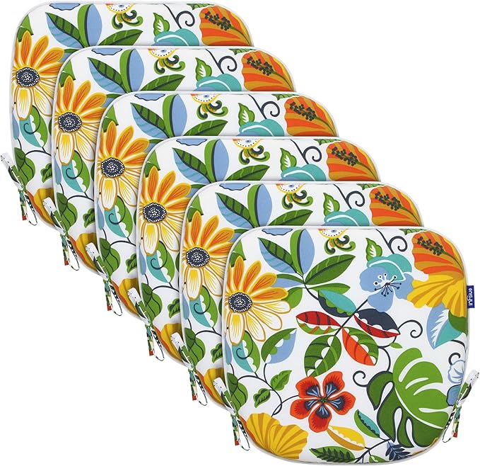 SleepMan Outdoor 17"x16" Chair Cushions with Ties Set of 6, Water Resistant All Weather U-Shape Seat Pads for Patio Garden Furniture Indoor Fade Resistant Patio Cushions (Flower World)